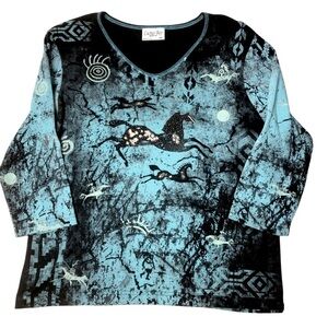 Vtg 90’s Y2K Cactus Bay XXL Bling Horse Western Native American Cave Pictograph
